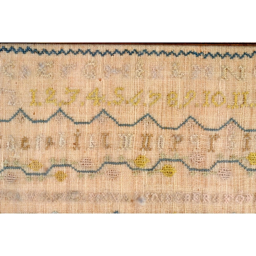 438 - AN 18TH CENTURY FRAMED EMBROIDERED SAMPLER C1770. 32 cm square.