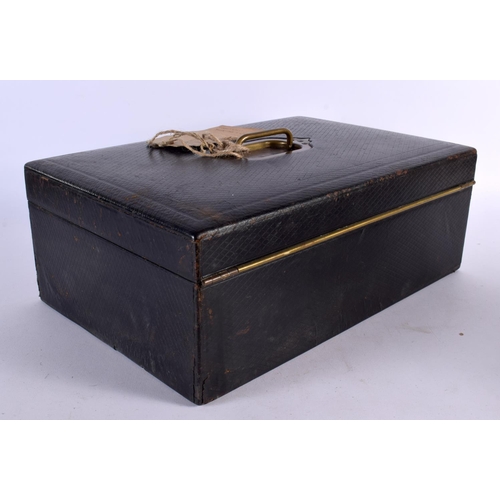 439 - AN ANTIQUE MOROCCAN LEATHER MILITARY DISPATCH BOX owned by Lt Nicholson. 42 cm x 28 cm.