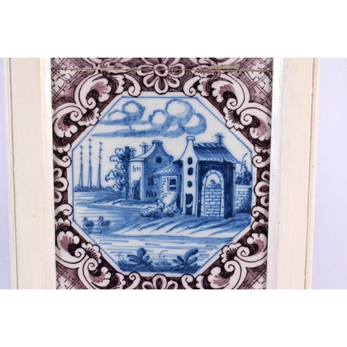 44 - A SET OF THREE 18TH CENTURY DUTCH DELFT MANGANESE BLUE AND WHITE TILES. 42 cm x 15 cm.