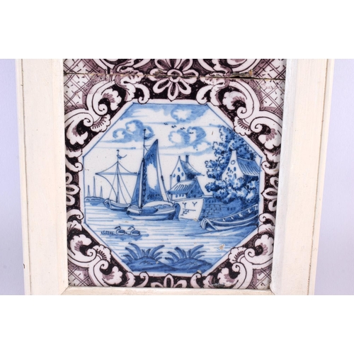 44 - A SET OF THREE 18TH CENTURY DUTCH DELFT MANGANESE BLUE AND WHITE TILES. 42 cm x 15 cm.