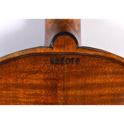 447 - A CASED TWO PIECE BACK VIOLIN WITH BOW by William Kiddie of Kirkcaldy. 58.5 cm long, length of back ... 