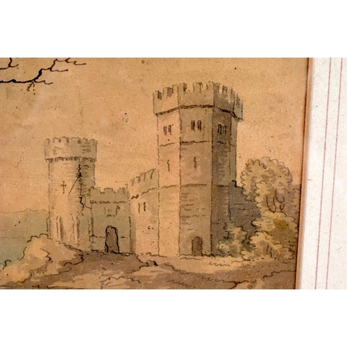 448 - English School (18th Century) Watercolour, Castle scene. 36 cm x 32 cm.