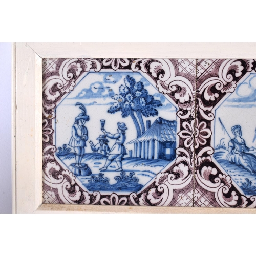 45 - A SET OF THREE 18TH CENTURY DUTCH DELFT MANGANESE BLUE AND WHITE TILES. 42 cm x 15 cm.