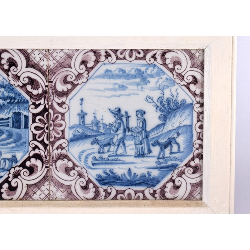 45 - A SET OF THREE 18TH CENTURY DUTCH DELFT MANGANESE BLUE AND WHITE TILES. 42 cm x 15 cm.