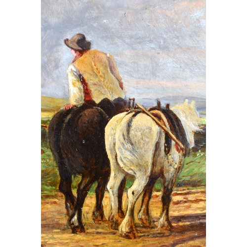 452 - European School (19th/20th Century) Oil on panel, Peasants on horses. 38 cm x 34 cm.