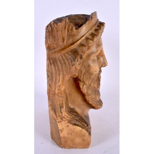 455 - AN EARLY GREEK CARVED STONE MARBLE HEAD OF A GOD modelled as a bearded male. 21 cm x 12 cm.