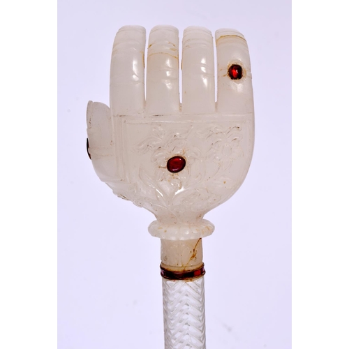 457 - A LARGE RARE EARLY 20TH CENTURY MIDDLE EASTERN WHITE JADE ROCK CRYSTAL AND RUBY SCEPTRE possibly a Q... 