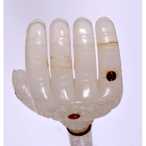 457 - A LARGE RARE EARLY 20TH CENTURY MIDDLE EASTERN WHITE JADE ROCK CRYSTAL AND RUBY SCEPTRE possibly a Q... 