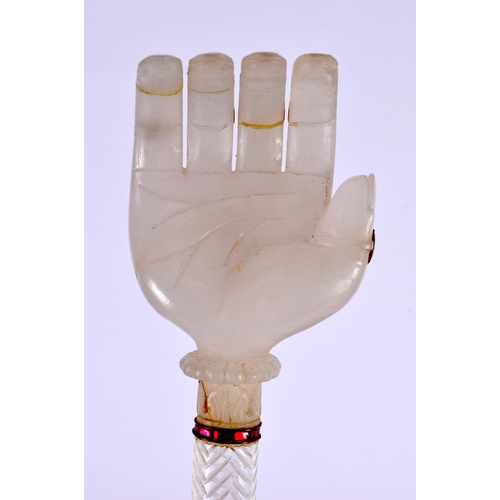 457 - A LARGE RARE EARLY 20TH CENTURY MIDDLE EASTERN WHITE JADE ROCK CRYSTAL AND RUBY SCEPTRE possibly a Q... 