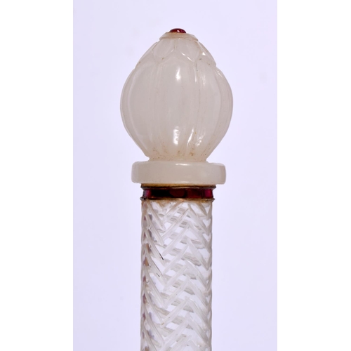 457 - A LARGE RARE EARLY 20TH CENTURY MIDDLE EASTERN WHITE JADE ROCK CRYSTAL AND RUBY SCEPTRE possibly a Q... 