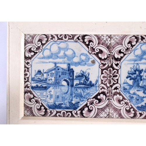 46 - A SET OF THREE 18TH CENTURY DUTCH DELFT MANGANESE BLUE AND WHITE TILES. 42 cm x 15 cm.