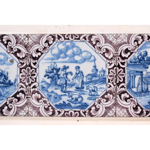 46 - A SET OF THREE 18TH CENTURY DUTCH DELFT MANGANESE BLUE AND WHITE TILES. 42 cm x 15 cm.