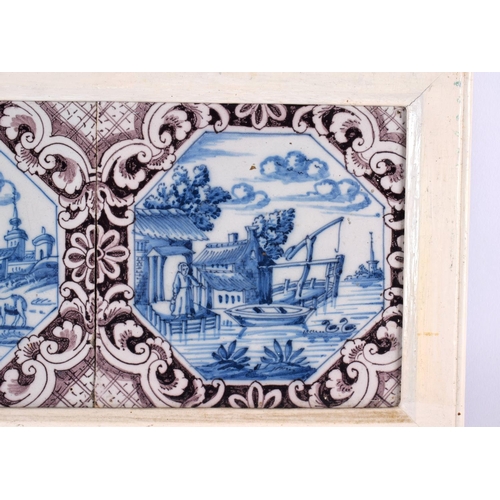 46 - A SET OF THREE 18TH CENTURY DUTCH DELFT MANGANESE BLUE AND WHITE TILES. 42 cm x 15 cm.