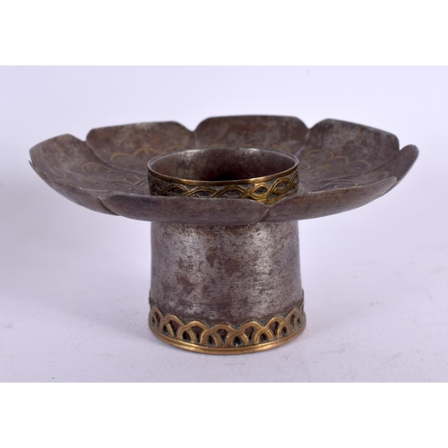 460 - AN 18TH/19TH CENTURY TIBETAN INLAID WHITE METAL TEABOWL STAND decorated with motifs. 67 grams. 10 cm... 