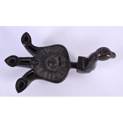 462 - A 19TH CENTURY MIDDLE EASTERN SILVER INLAID BRONZE OIL LAMP formed as a bird, decorated with motifs.... 