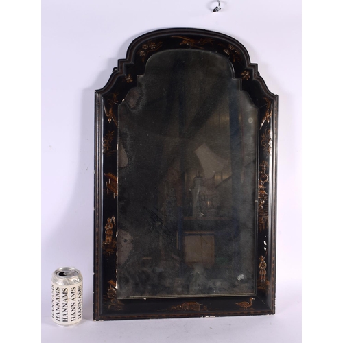 469 - AN EDWARDIAN COUNTRY HOUSE BLACK LACQUER MIRROR depicting chinoiserie scenes. 65 cm x 42 cm.