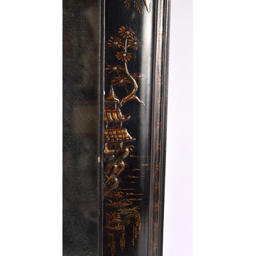 469 - AN EDWARDIAN COUNTRY HOUSE BLACK LACQUER MIRROR depicting chinoiserie scenes. 65 cm x 42 cm.