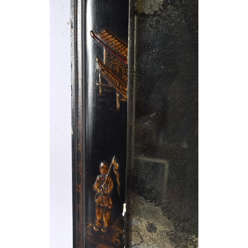 469 - AN EDWARDIAN COUNTRY HOUSE BLACK LACQUER MIRROR depicting chinoiserie scenes. 65 cm x 42 cm.