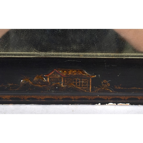 469 - AN EDWARDIAN COUNTRY HOUSE BLACK LACQUER MIRROR depicting chinoiserie scenes. 65 cm x 42 cm.