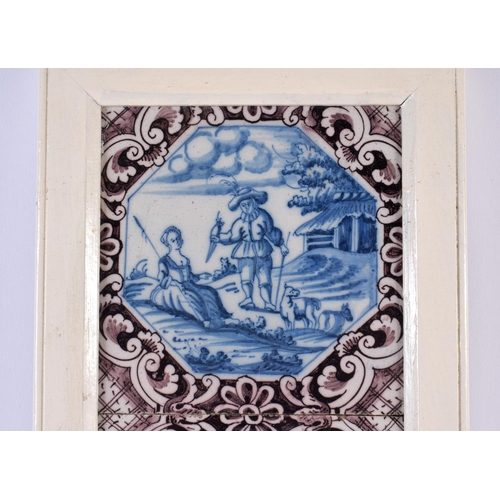 47 - A SET OF THREE 18TH CENTURY DUTCH DELFT MANGANESE BLUE AND WHITE TILES. 42 cm x 15 cm.