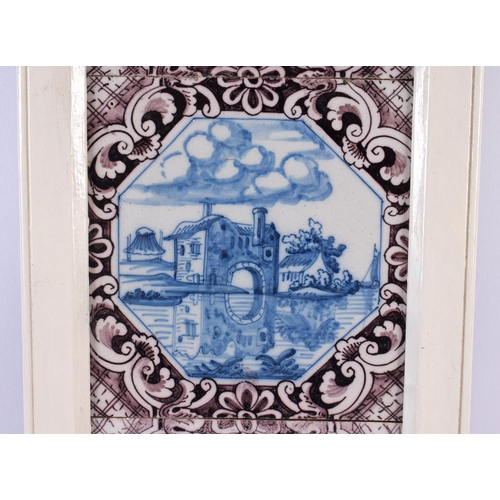 47 - A SET OF THREE 18TH CENTURY DUTCH DELFT MANGANESE BLUE AND WHITE TILES. 42 cm x 15 cm.