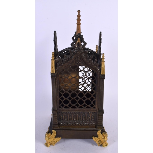 472 - A LATE 19TH CENTURY FRENCH GOTHIC REVIVAL BRONZE LANTERN CLOCK of architectural form. 27 cm x 10 cm.