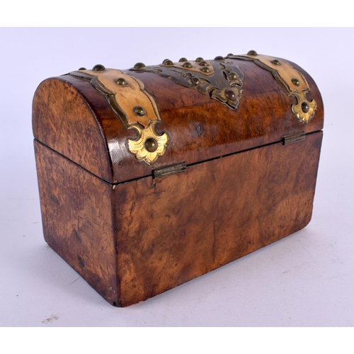 473 - AN ANTIQUE BURR WALNUT BRASS BOUND TEA CADDY. 21 cm x 15 cm.