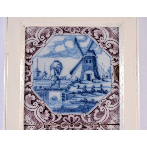 48 - A SET OF THREE 18TH CENTURY DUTCH DELFT MANGANESE BLUE AND WHITE TILES. 42 cm x 15 cm.