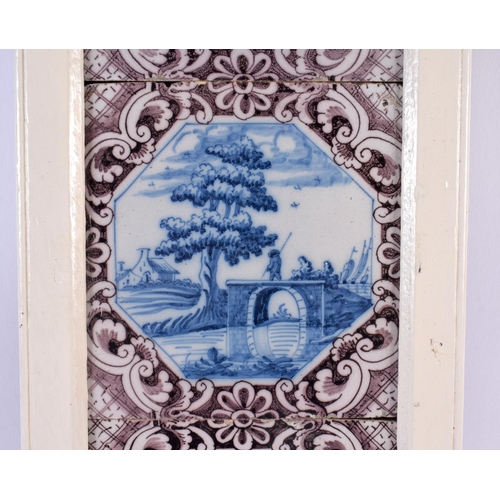 48 - A SET OF THREE 18TH CENTURY DUTCH DELFT MANGANESE BLUE AND WHITE TILES. 42 cm x 15 cm.