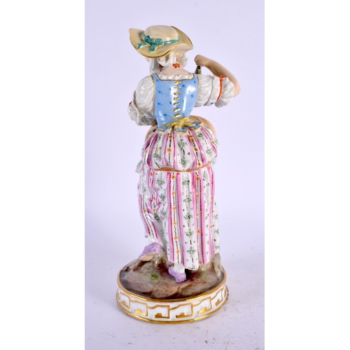 482 - A 19TH CENTURY MEISSEN PORCELAIN FIGURE OF A FEMALE modelled holding grapes beside a barrel. 17 cm h... 