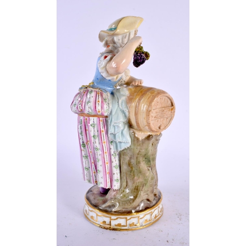 482 - A 19TH CENTURY MEISSEN PORCELAIN FIGURE OF A FEMALE modelled holding grapes beside a barrel. 17 cm h... 