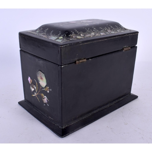 488 - AN ANTIQUE MOTHER OF PEARL INLAID BLACK PAPIER MACHE TEA CADDY. 15 cm x 12 cm.