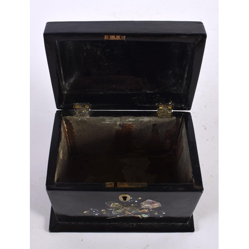 488 - AN ANTIQUE MOTHER OF PEARL INLAID BLACK PAPIER MACHE TEA CADDY. 15 cm x 12 cm.