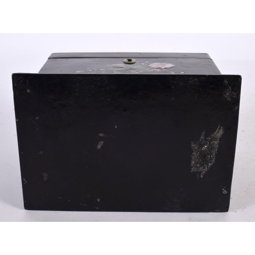 488 - AN ANTIQUE MOTHER OF PEARL INLAID BLACK PAPIER MACHE TEA CADDY. 15 cm x 12 cm.