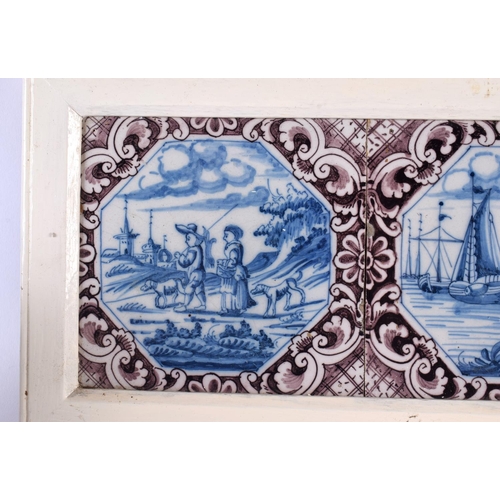 49 - A SET OF THREE 18TH CENTURY DUTCH DELFT MANGANESE BLUE AND WHITE TILES. 42 cm x 15 cm.