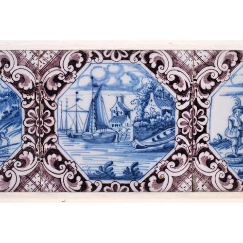 49 - A SET OF THREE 18TH CENTURY DUTCH DELFT MANGANESE BLUE AND WHITE TILES. 42 cm x 15 cm.