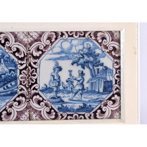 49 - A SET OF THREE 18TH CENTURY DUTCH DELFT MANGANESE BLUE AND WHITE TILES. 42 cm x 15 cm.