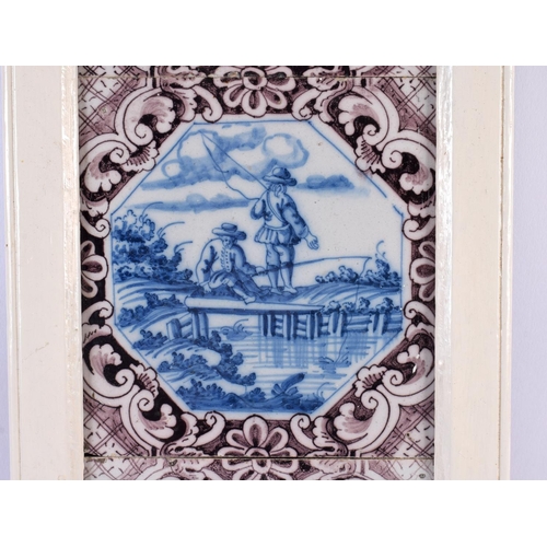 50 - A SET OF THREE 18TH CENTURY DUTCH DELFT MANGANESE BLUE AND WHITE TILES. 42 cm x 15 cm.