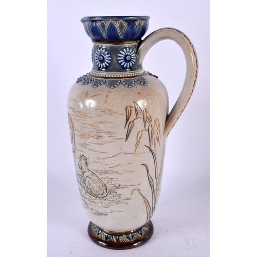 502 - A DOULTON LAMBETH STONEWARE HORSE JUG by Hannah Barlow. 23 cm high.