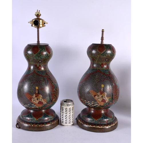 506 - A LARGE PAIR OF 19TH CENTURY JAPANESE MEIJI PERIOD COUNTRY HOUSE LAMPS depicting figures in landscap... 