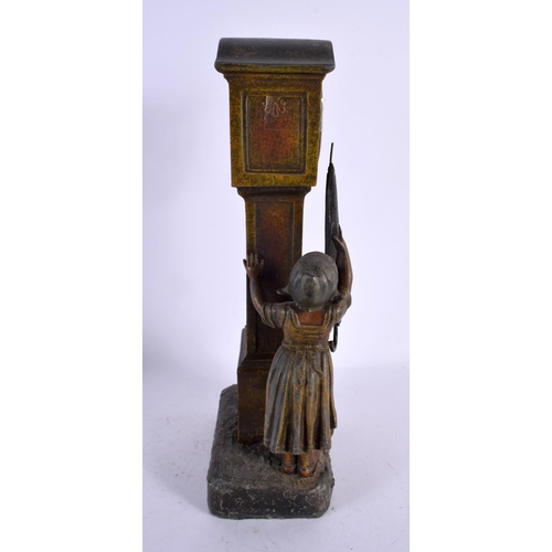 509 - AN EARLY 20TH CENTURY COLD PAINTED SPELTER MANTEL CLOCK formed as a child holding an umbrella beside... 