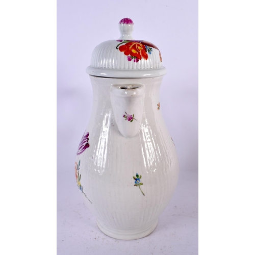 520 - A LARGE 18TH CENTURY CONTINENTAL COFFEE POT AND COVER painted with flowers. 27 cm high.