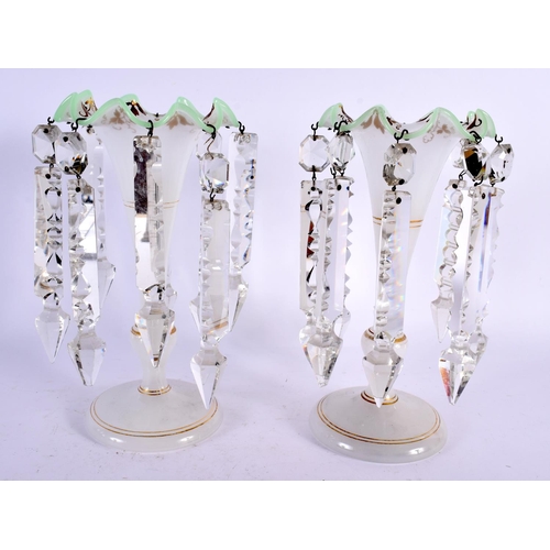 531 - A PAIR OF ANTIQUE OPALINE GLASS TABLE LUSTRES with gilt banding and foliage. 22 cm x 9 cm.