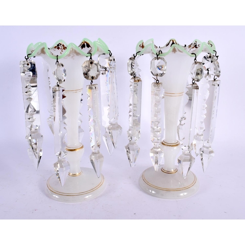 531 - A PAIR OF ANTIQUE OPALINE GLASS TABLE LUSTRES with gilt banding and foliage. 22 cm x 9 cm.