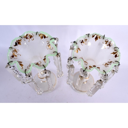 531 - A PAIR OF ANTIQUE OPALINE GLASS TABLE LUSTRES with gilt banding and foliage. 22 cm x 9 cm.