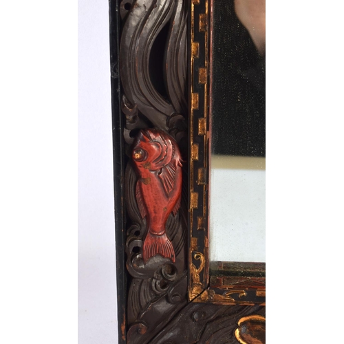 534 - A RARE 19TH CENTURY JAPANESE MEIJI PERIOD LACQUERED WOOD MIRROR decorated all around with fish, octo... 