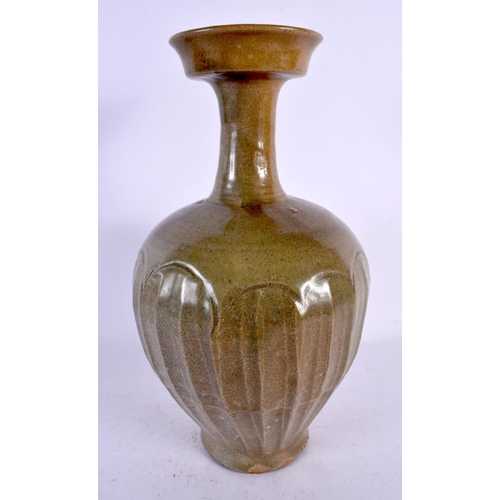 536 - A 15TH/16TH CENTURY KOREAN CELADON GLAZED POTTERY VASE with lotus type borders. 28 cm x 12 cm.