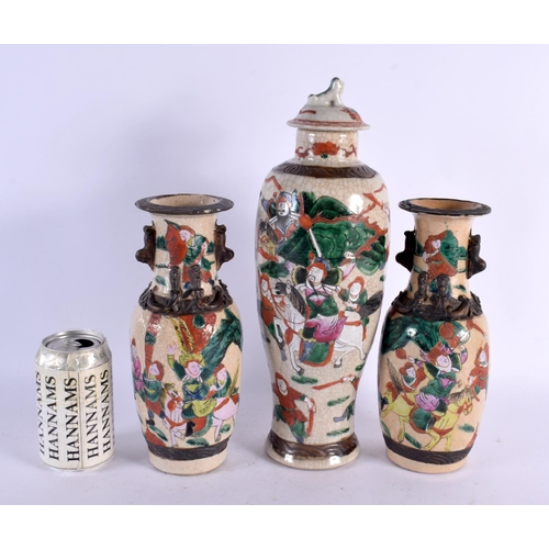 542 - A PAIR OF 19TH CENTURY CHINESE CANTON FAMILLE VERTE CRACKLE GLAZED VASES together with a larger vase... 