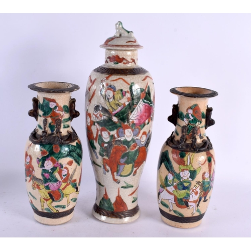 542 - A PAIR OF 19TH CENTURY CHINESE CANTON FAMILLE VERTE CRACKLE GLAZED VASES together with a larger vase... 