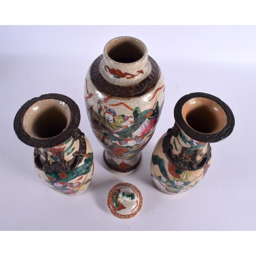 542 - A PAIR OF 19TH CENTURY CHINESE CANTON FAMILLE VERTE CRACKLE GLAZED VASES together with a larger vase... 